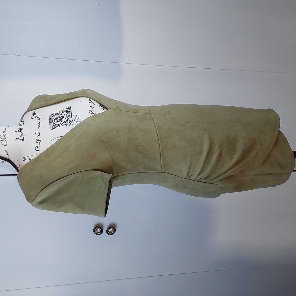 Akira |Soft Green Deep V  Suede Texture Ruching Neutral Mini  Dress Sz.M